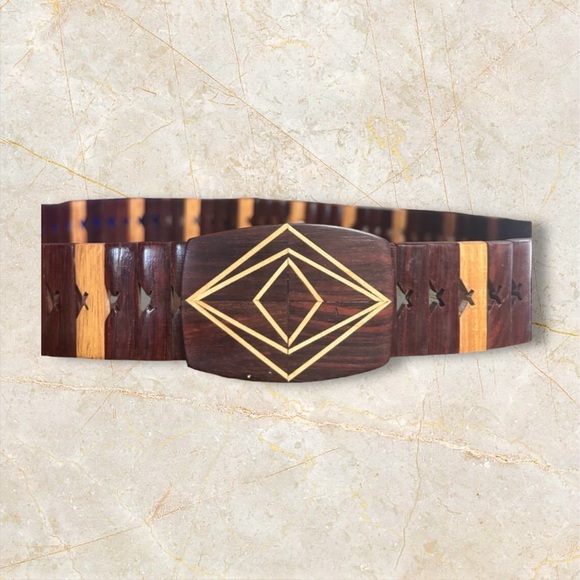 Vintage 70’s Geometric Boho Wooden Inlay Link Statement Belt Western Hippie - Picture 6 of 6
